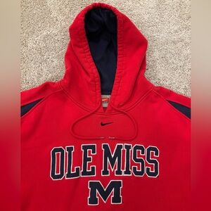Vtg Y2K Nike Ole Miss Rebels Fleece Lined Center Swoosh Hoodie Mens L Red Navy